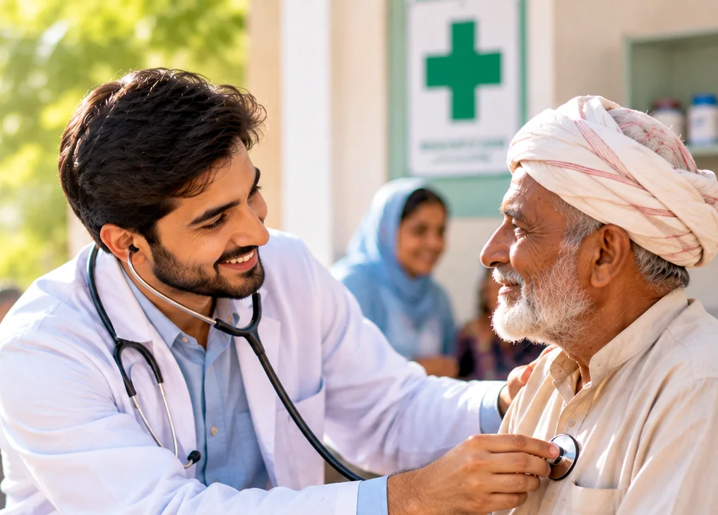 A doctor checking an elderly man's health at a community clinic